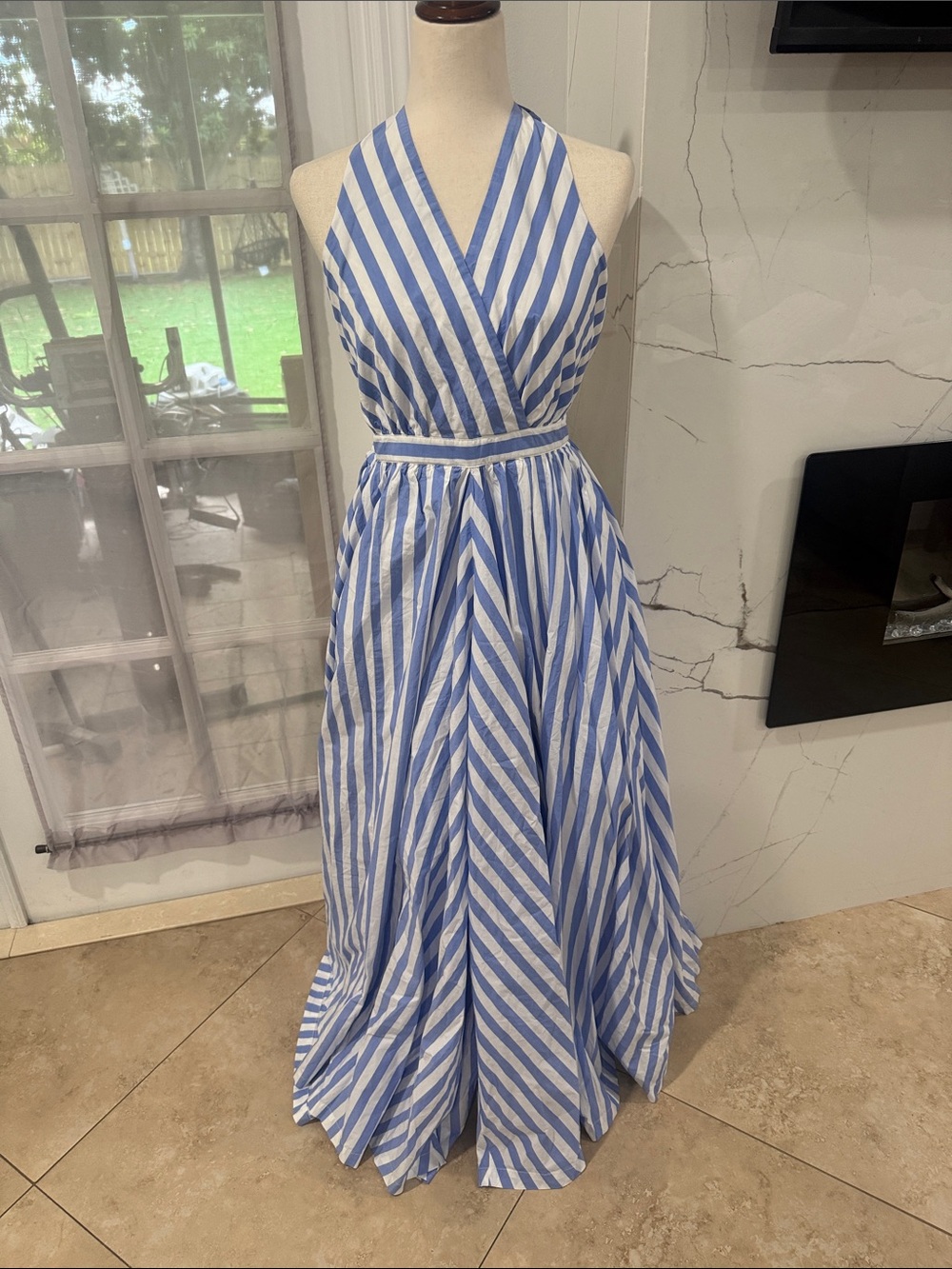 J. Crew Blue and White One-Shoulder Striped Maxi Dress